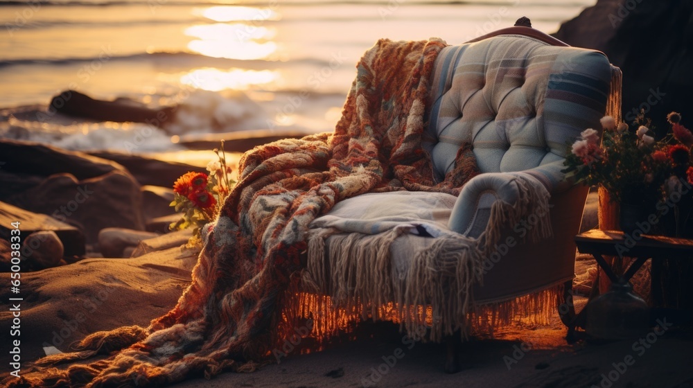 Obraz premium A chair sitting on a beach next to the ocean