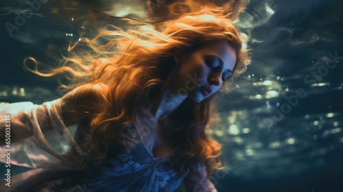 A woman with long red hair floating in water