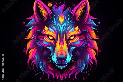 Creative wolf illustration with neon colors in a tattoo-style, perfect for a sports team logo t-shirt. Generative AI