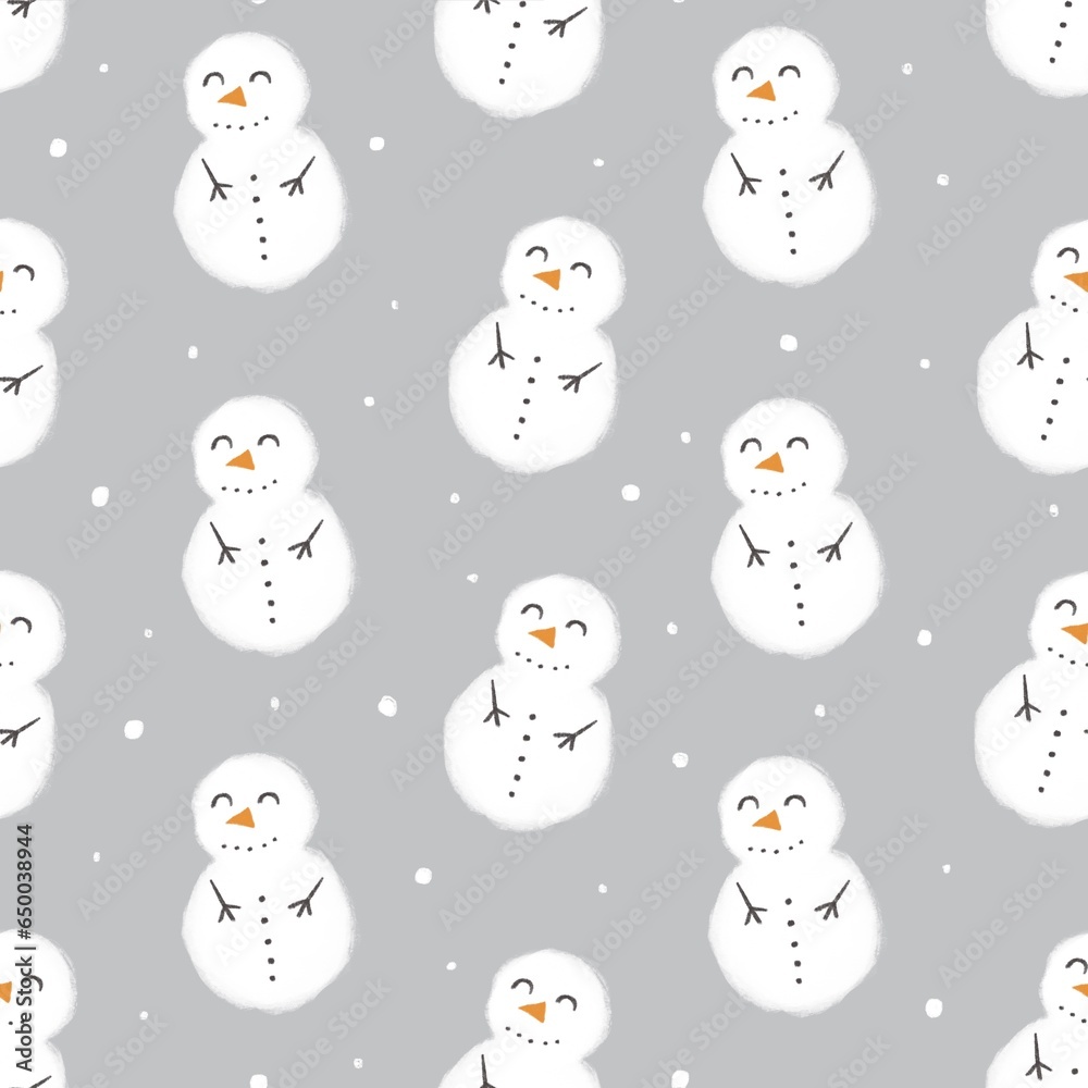 Seamless pattern with cute kawaii handdrawn snowman christmas in grey background