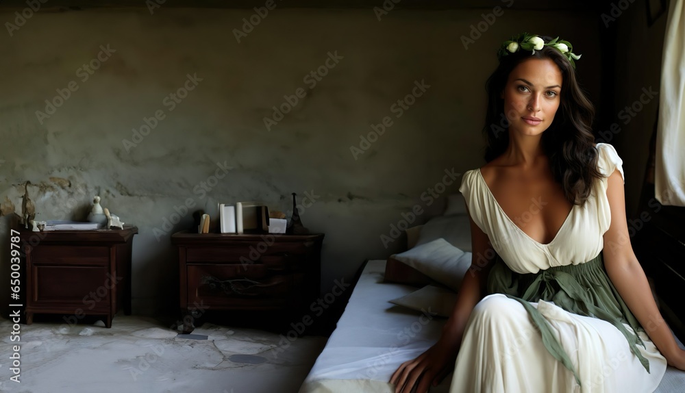 Obraz premium Woman in white dress, antique setting