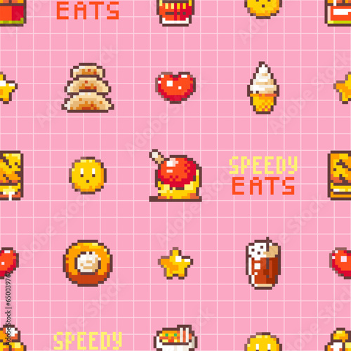 80s 90s Inspired Seamless Food Patterns - From Iced Coffee and Cookie to Bakery, Noodles and Dumpling Gyoza. Vintage Arcade Style Pastry and Snack Designs for Wrapping, Background and More.