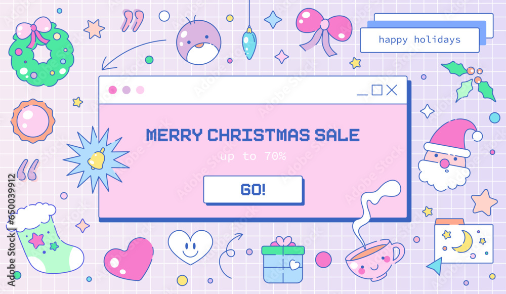 Christmas PC interface Banner with Winter Merry Christmas Decorations. Vintage Y2K Old Computer Background. Happy New Year and Merry Christmas sale. Holiday Pink Web Poster. Vector Illustration. Christmas PC interface Banner with Winter Merry Christmas Decorations. Vintage Y2K Old Computer Background. Happy New Year and Merry Christmas sale. Holiday Pink Web Poster. Vector Illustration.
