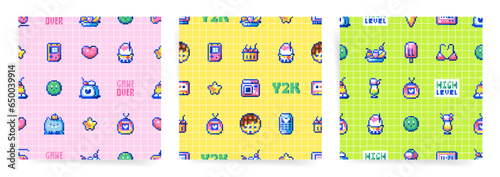 Retro 8Bit Aesthetic. Seamless Pixel Art Pattern inspired by Y2K  70s-90s Video Games. Old-School Arcade Design in Vector Format for Kids and Nostalgia Lovers. Colorful and Abstract Gamer Backgrounds.
