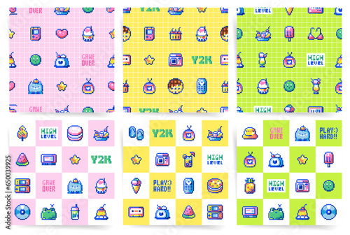 Y2K Pixel Art Aesthetic Set. Seamless Vector Patterns with Retro 80s an 90s Gaming Consoles, Cute Pixelated Animals, and Hipster Tech Gadgets. Vintage Arcade Style Backgrounds for Modern Geeky Design.