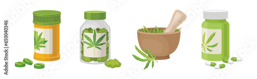 Cannabis Plant Green Leaf and Marijuana Product Vector Set