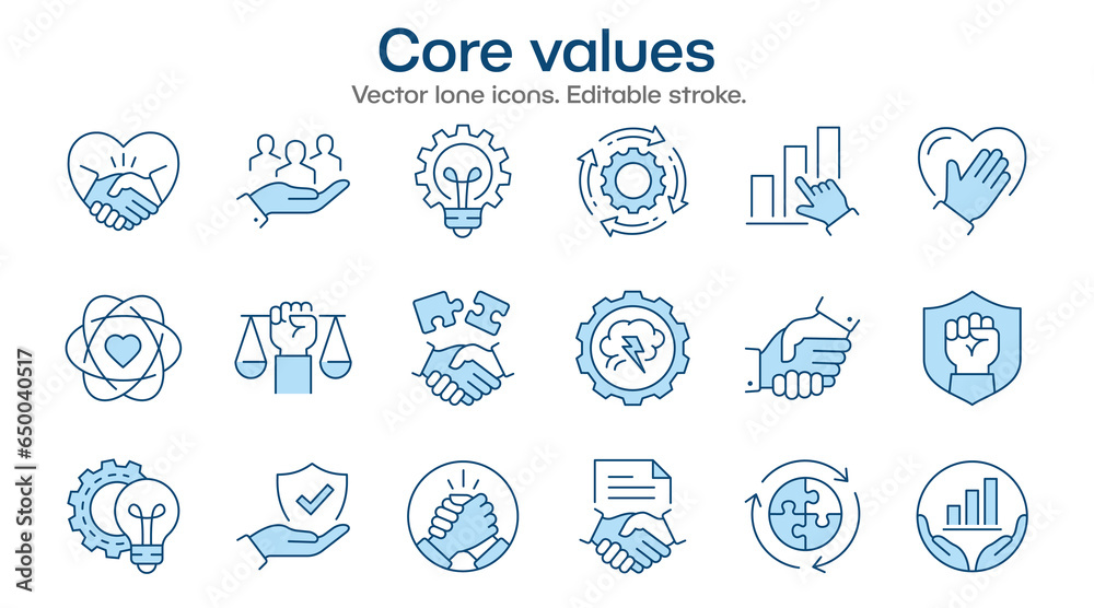 Core values flat icons, such as business, social responsibility, mission, company and more. Editable stroke. Core values flat icons, such as business, social responsibility, mission, company and more. Editable stroke.