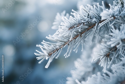 Hoarfrost on the branches of a pine tree. Winter background. Close-up. Generative Ai