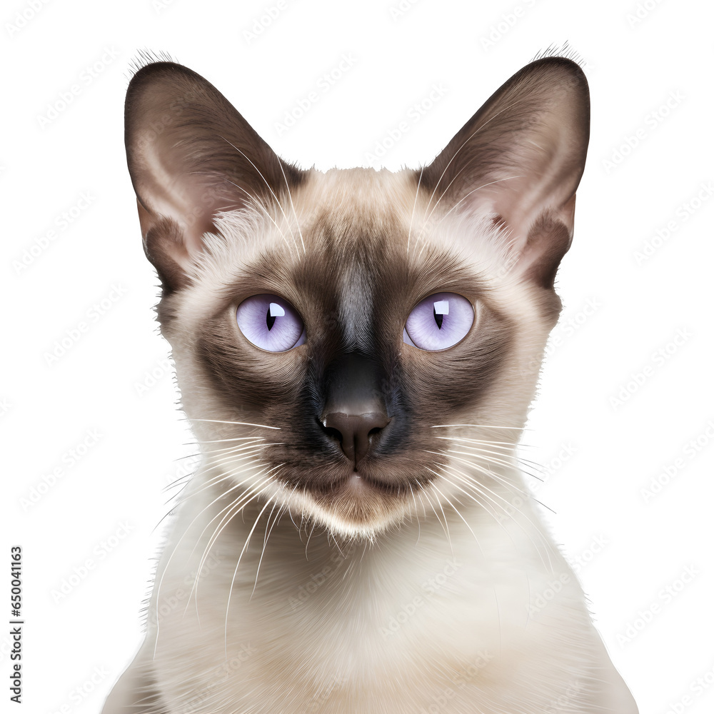 front view close up of lilac and cream Siamese cat isolated on a white transparent background