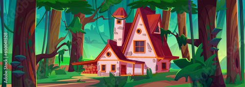 House building in jungle forest vector background. Country hut with porch, chimney and window in lush leaves nature woods environment. Faity tale brick old summer cabin with nobody panorama scene.