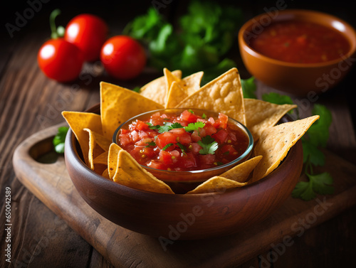 Mexican nacho chips and salsa dip sauce on wooden table