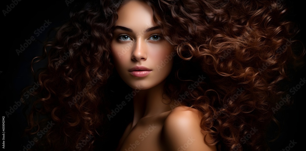 Fototapeta premium Portrait of a woman with long, curly hair, showcasing beauty and glamour. Fashion, cosmetics and makeup.