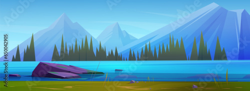 Mountain lake landscape. Vector cartoon illustration of evergreen fir trees on river bank, rocky peaks on horizon, blue sky. Beautiful scenery for travel adventure game background, spring wallpaper