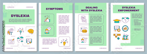 2D dyslexia green brochure template, leaflet design with thin line icons, 4 vector layouts. photo