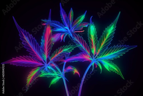 Vibrant illustration of a hemp plant illuminated with neon lights - an innovative view of cannabis cultivation. Generative AI © Cecilia