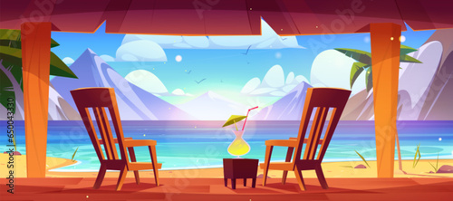 Two chairs and cocktail on terrace by sea or lake with mountains in horizon. Summer beach vacation. Landscape with hills and ocean, sand and palm trees, patio with sun loungers for couple and drink.
