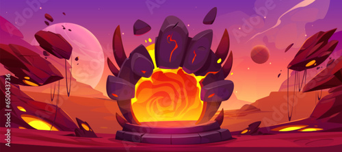 Magic fantasy game door to hell cartoon vector background. Ui teleport gate on alien planet and flying stone. Mystic adventure vortex energy entrance with arch to another dimension world backdrop