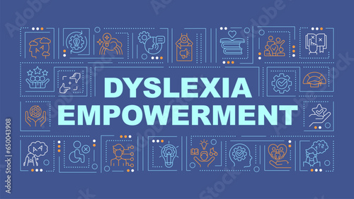 Dyslexia empowerment text with various thin line icons concept on dark blue monochromatic background, editable 2D vector illustration.