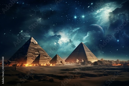 Nighttime view of historic pyramids beneath a starry sky. Generative AI