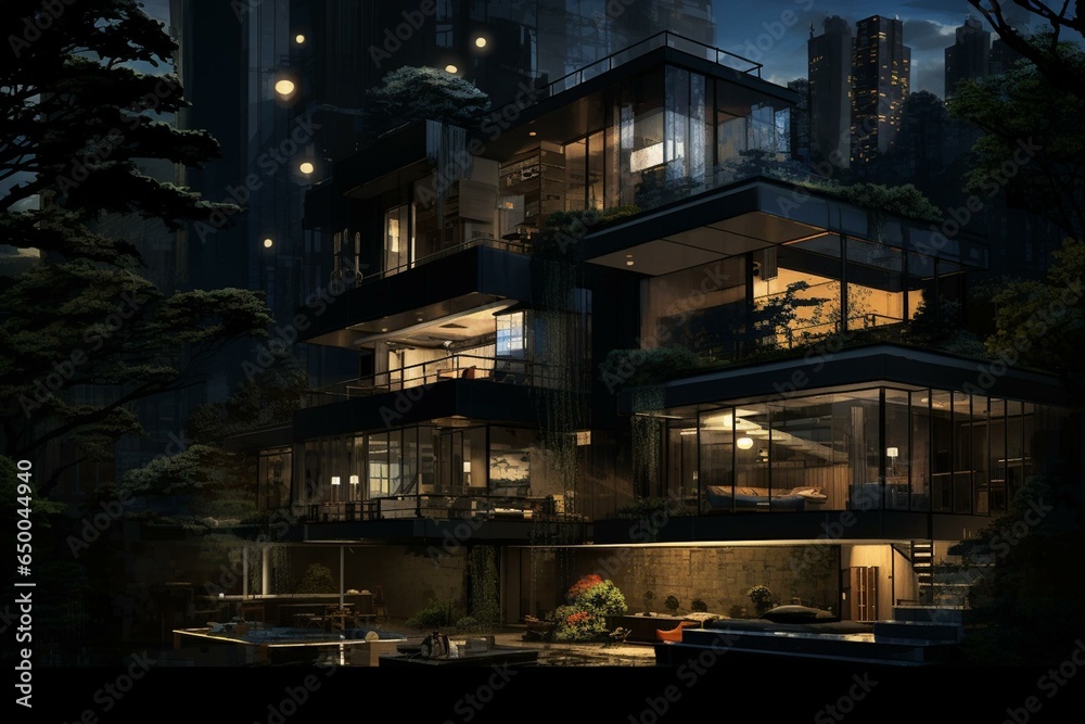 Nocturnal cityscape displaying a residential exterior design. Generative AI