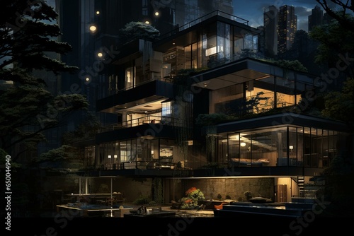 Nocturnal cityscape displaying a residential exterior design. Generative AI