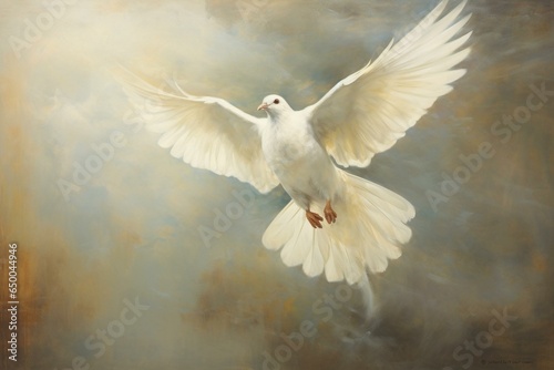 Artwork depicting a soaring white dove, a representation of peace and optimism. Generative AI © Nalani