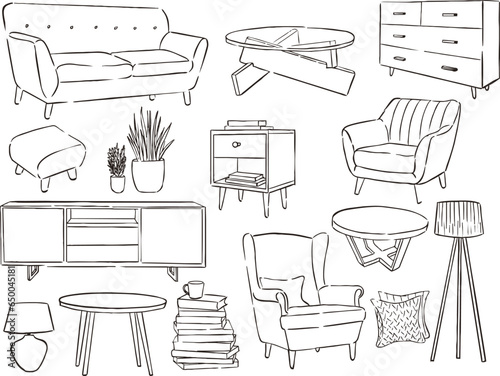 A set of linear icons of furniture and decorative items. Vector illustration