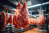 Meat processing plant. Hanging meat in the production hall. The arrival of jamon or cold cuts. Natural fresh meat product. Production of pork or beef at the enterprise.