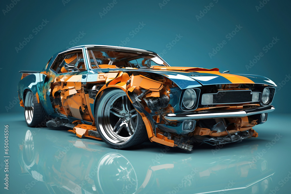 Car destroyed after an accident. Car accident on the street, damaged car after collision. Violation of traffic rules. Serious car accident. Road traffic accident.