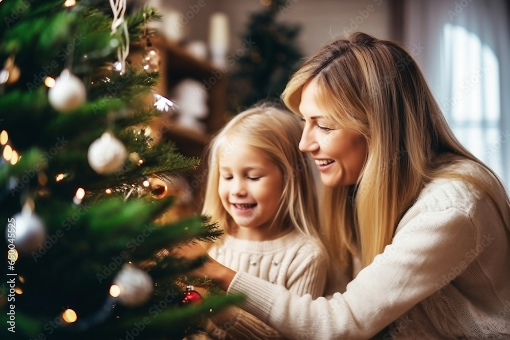 Photo of a mother and daughter decorating a Christmas tree together Photo of a mother and daughter decorating a Christmas tree together