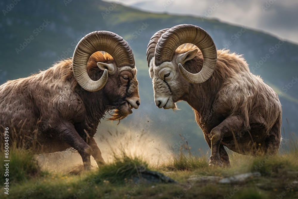 Two rams battling with horns. Generative AI - obrazy, fototapety, plakaty 