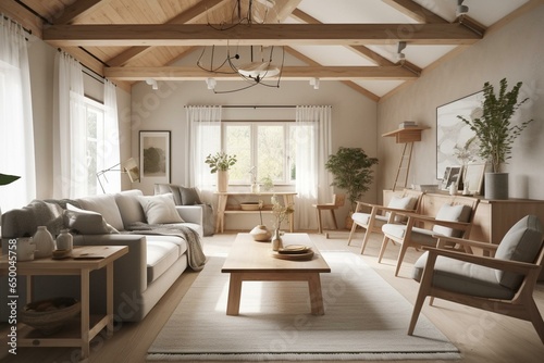 Living room with Japanese and Scandinavian design influences, featuring neutral colors, wood elements, cozy furniture, exposed beams, farmhouse-inspired decorations, and ample natural. Generative AI