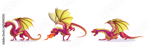 Cartoon set of fairytale dragon character with fire breath isolated on white background. Vector illustration of wild monster, animal with tail, claws, scary yellow eyes and flame coming out of mouth