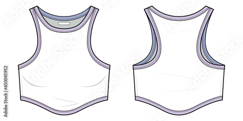 Contrast cropped tank top with a Round neckline, curved hem, Unlined Slim fit Slip-on style Sleeveless women's top, Front, and back fashion flat sketch. CAD mockup set Technical drawing, artwork