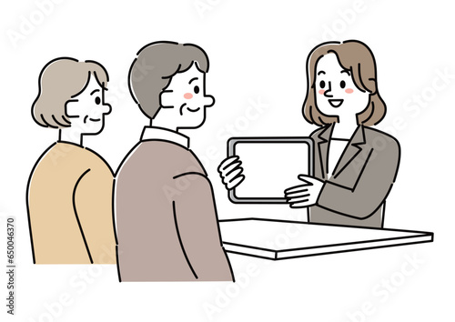 女性社員の説明を聞く高齢の男性と女性のイラストセット