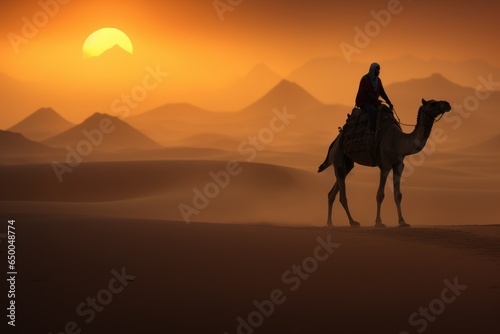 A man riding a camel in the desert with pyramids in the background. A journey to the great pyramid. Fantasy scenery. Generative AI