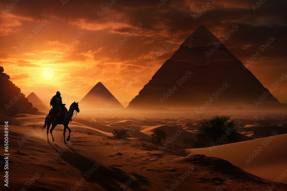 A man riding a camel in the desert with pyramids in the background. A journey to the great pyramid. Fantasy scenery. Generative AI - obrazy, fototapety, plakaty 