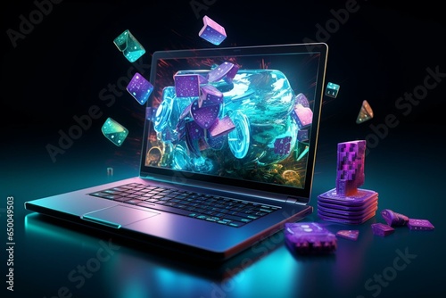 Digital rendering of a laptop showcasing online casino games. Generative AI