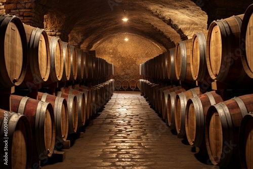 Detailed image of large wooden wine barrels stored in underground cellar. Generative AI