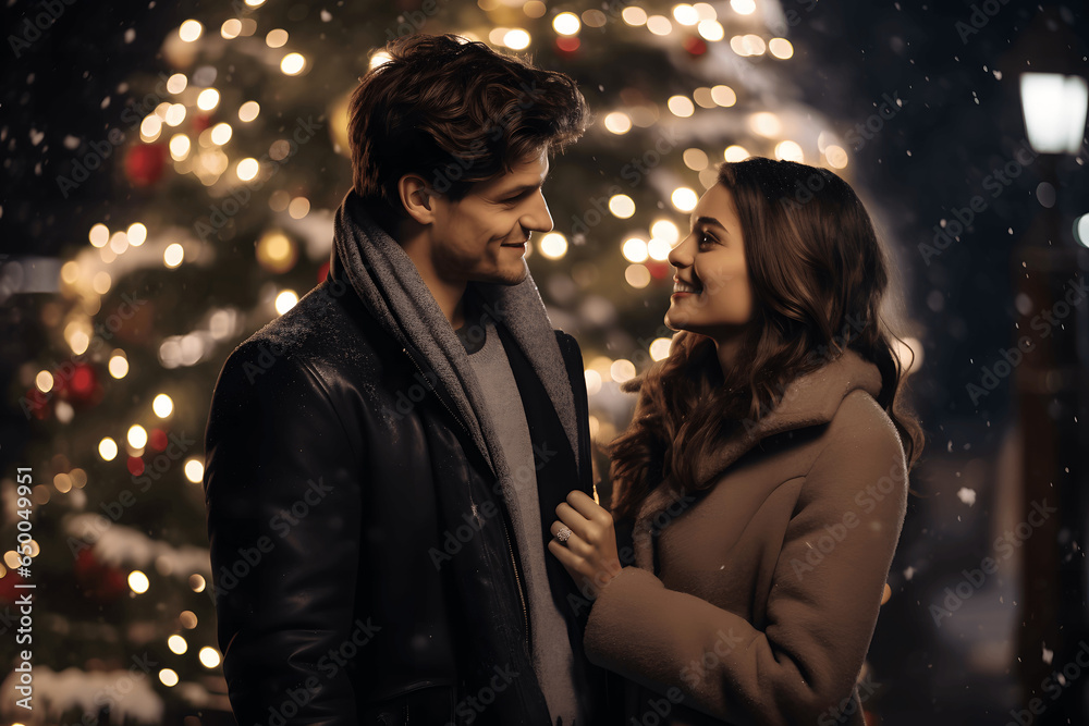 Couple, smiling, holding each other romantically, in a Christmassy atmosphere, with a large Christmas tree full of lights blurred in the background