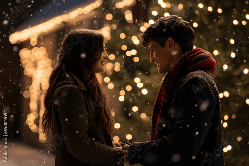 A smiling couple holding hands, looking at each other romantically, in front of a blurred Christmas tree adorned with Christmas lights on a snowy Christmas night