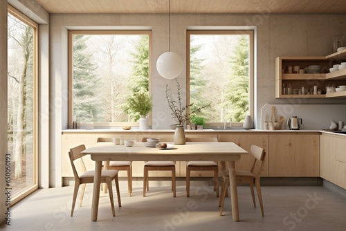 Bright kitchen with dining table  chairs  and large window. Wall is bare. Generative AI