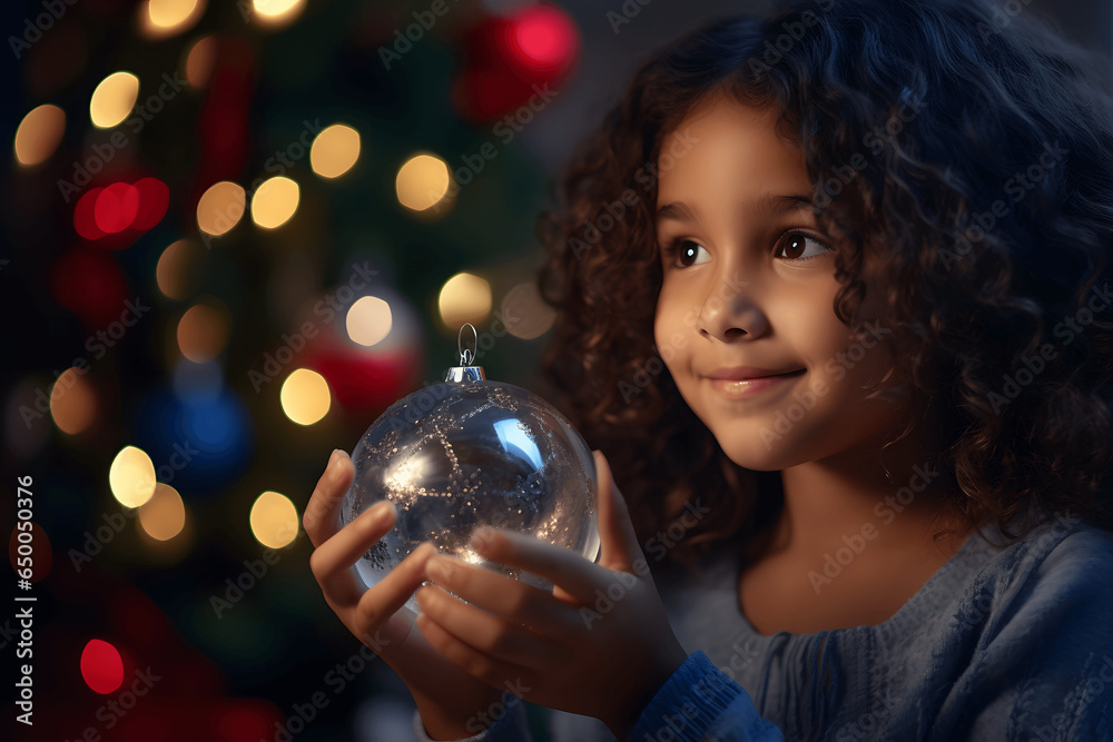 Naklejka premium Close up, little girl with curly hair holding a glass Christmas ornament with both hands, against a blurry greenish background with Christmas lights and decorations
