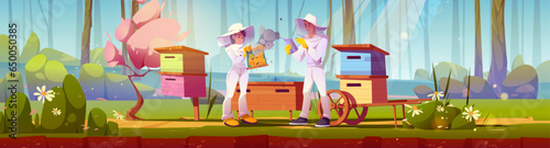 Beekeeper in forest farm near tree 2d landscape background. Cute beehive and apiarist on meadow environment with blooming chamomile flower and sunlight ray. Woman in protective safety suit with hat