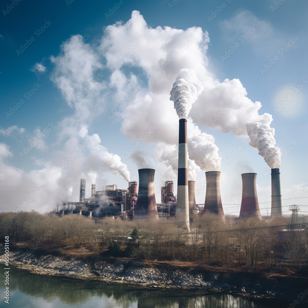 The smokestacks of many coal fossil fuel power plants emit carbon dioxide pollution. smoke from the chimney