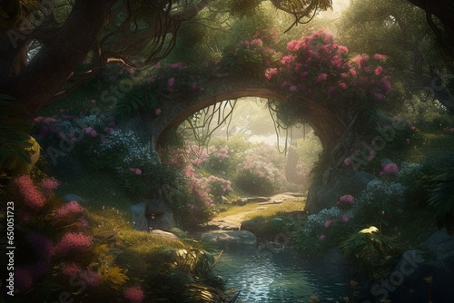 Surreal nature scene bursting with trees and flowers  reminiscent of a mythical paradise. Radiant lighting  intriguing shadows  and lush vegetation surround a captivating arch. Generative AI