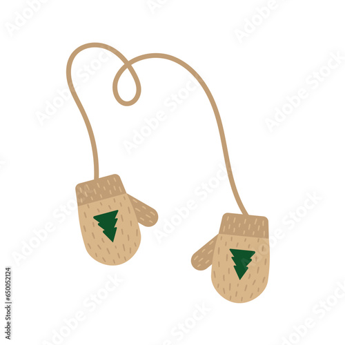 Beige mittens on a rope, with an embroidered herringbone in green color. A pair of knitted wool mittens. Vector illustration