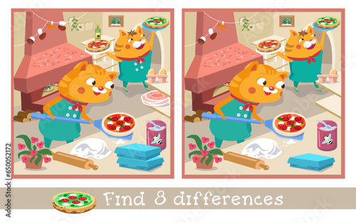 Find 8 hidden differences. Educational game for children. Puzzle in cartoon style. Cute pizzaiolo cats with pizza on shovel. Vector illustration for children. 