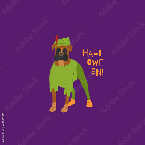 Dog in archer Halloween costume. Happy Halloween vector illustration. Ideal for holiday cards, decorations, invitations and stickers