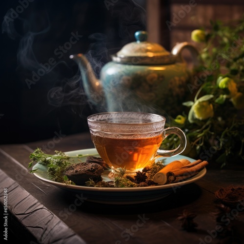 Prepared hot tea in a cup on the table with herbs. Generative AI.